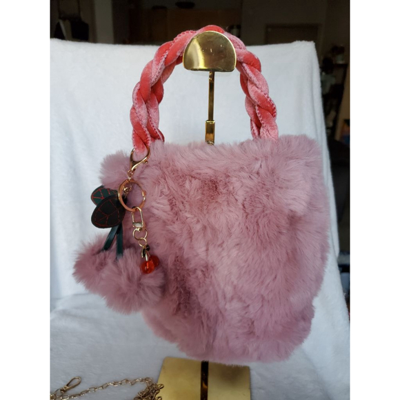 Yummy! Pink Faux Fur Mini Bag Coral Handle, Fuzzy Pink Pom pom, and Cherry Charm - Picture 1 of 6